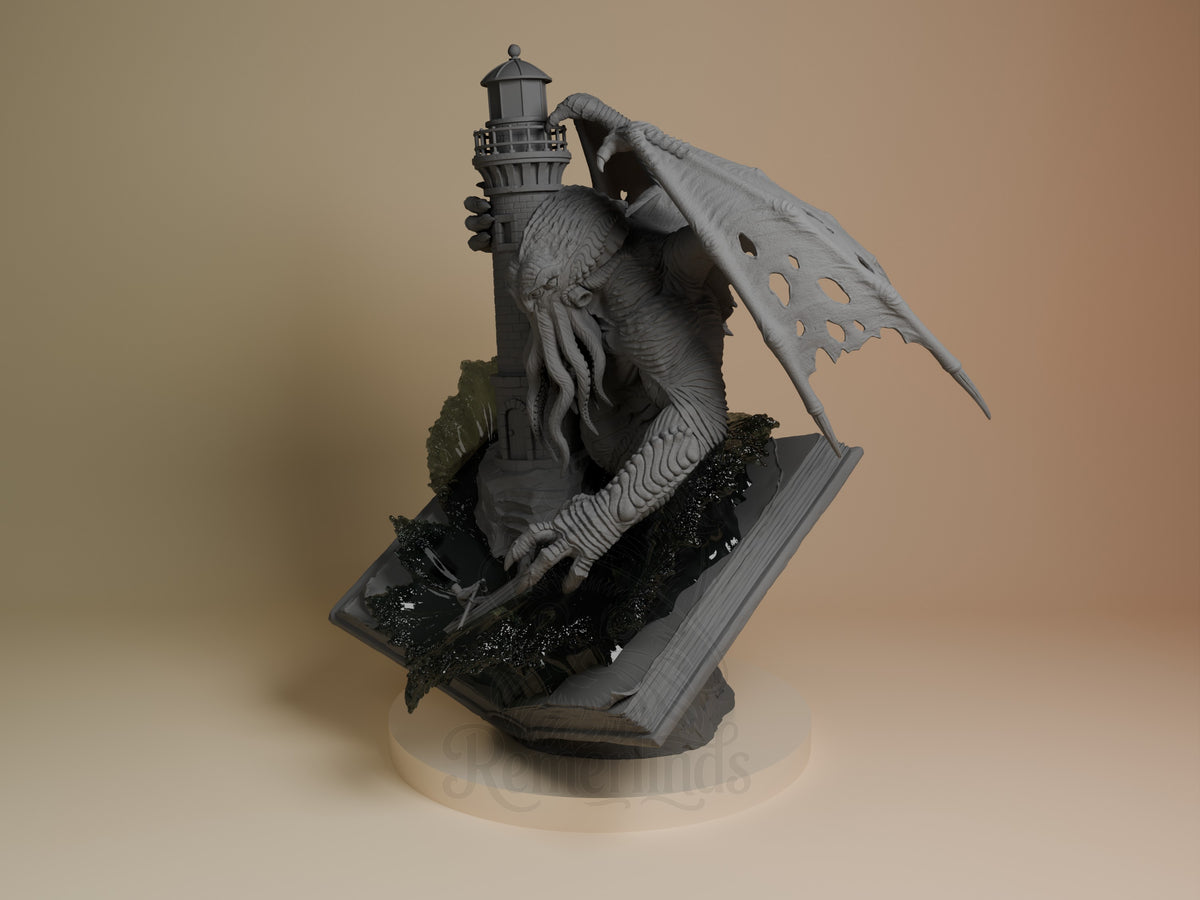 Angled view shows an unpainted gray Cthulhu resin figure from The Call of Cthulhu on a sculpted lighthouse base.