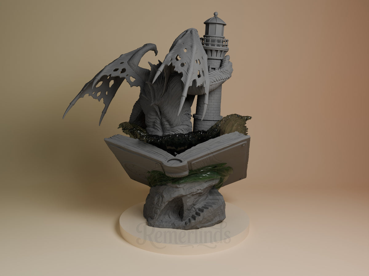Cthulhu from The Call of Cthulhu is shown from behind as an unpainted resin figure with wings on a sculpted book base.