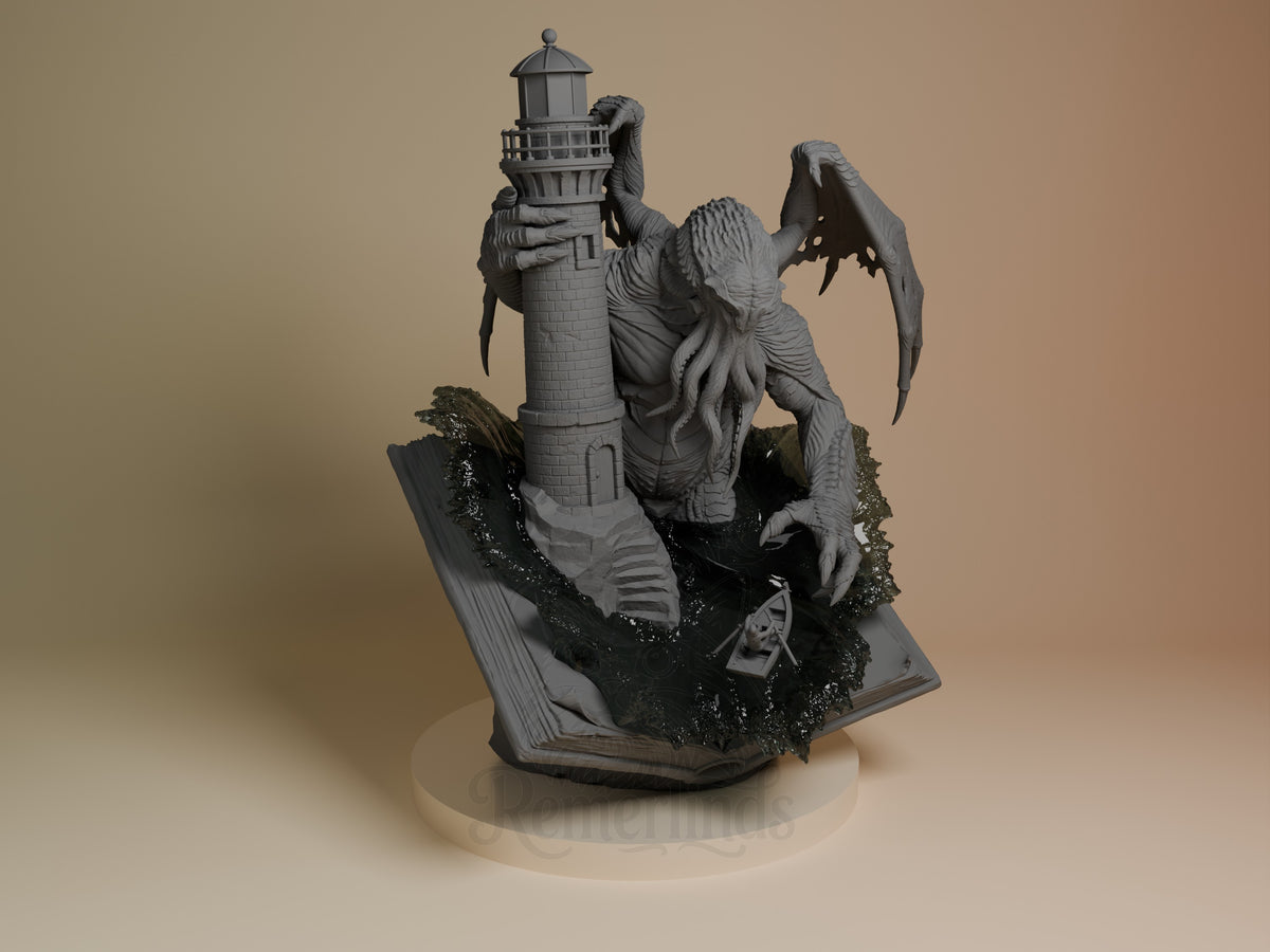 Cthulhu from The Call of Cthulhu is an unpainted resin figure with wings beside lighthouse on book base.