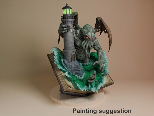 Painted Cthulhu resin figure from The Call of Cthulhu rises beside a lighthouse on a book base.