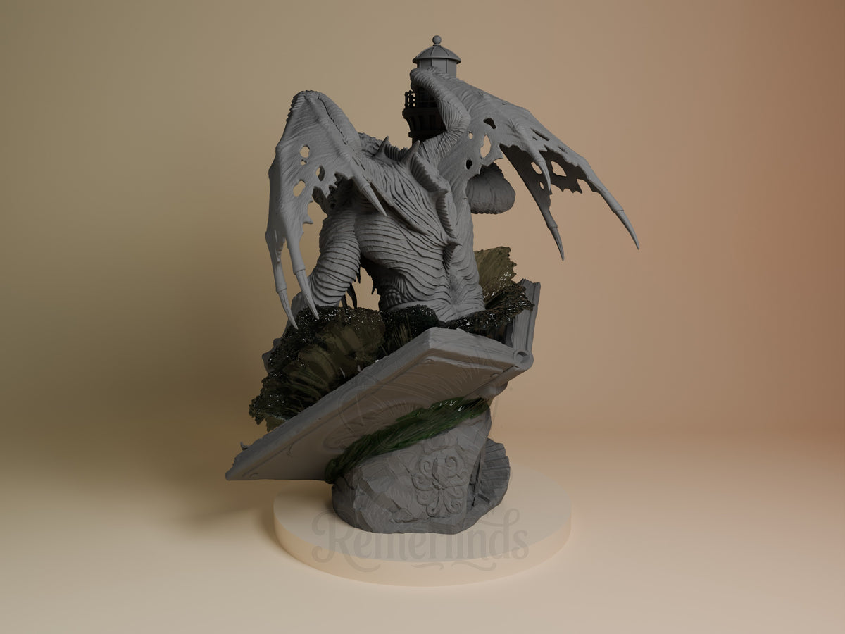 Cthulhu from The Call of Cthulhu is a gray resin figure with wings and a sculpted base.