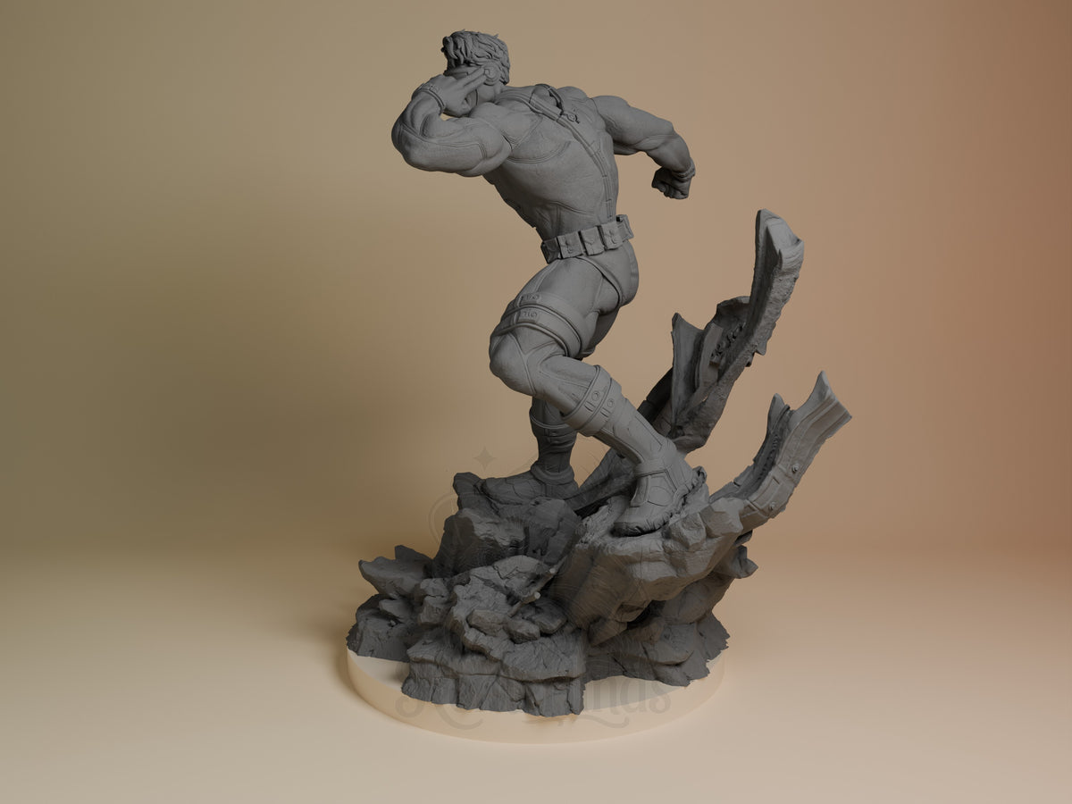 Visor Ranger resin figure from Mutant Heroes in dynamic jumping pose on rocky base, shown from side angle, unpainted gray detail.