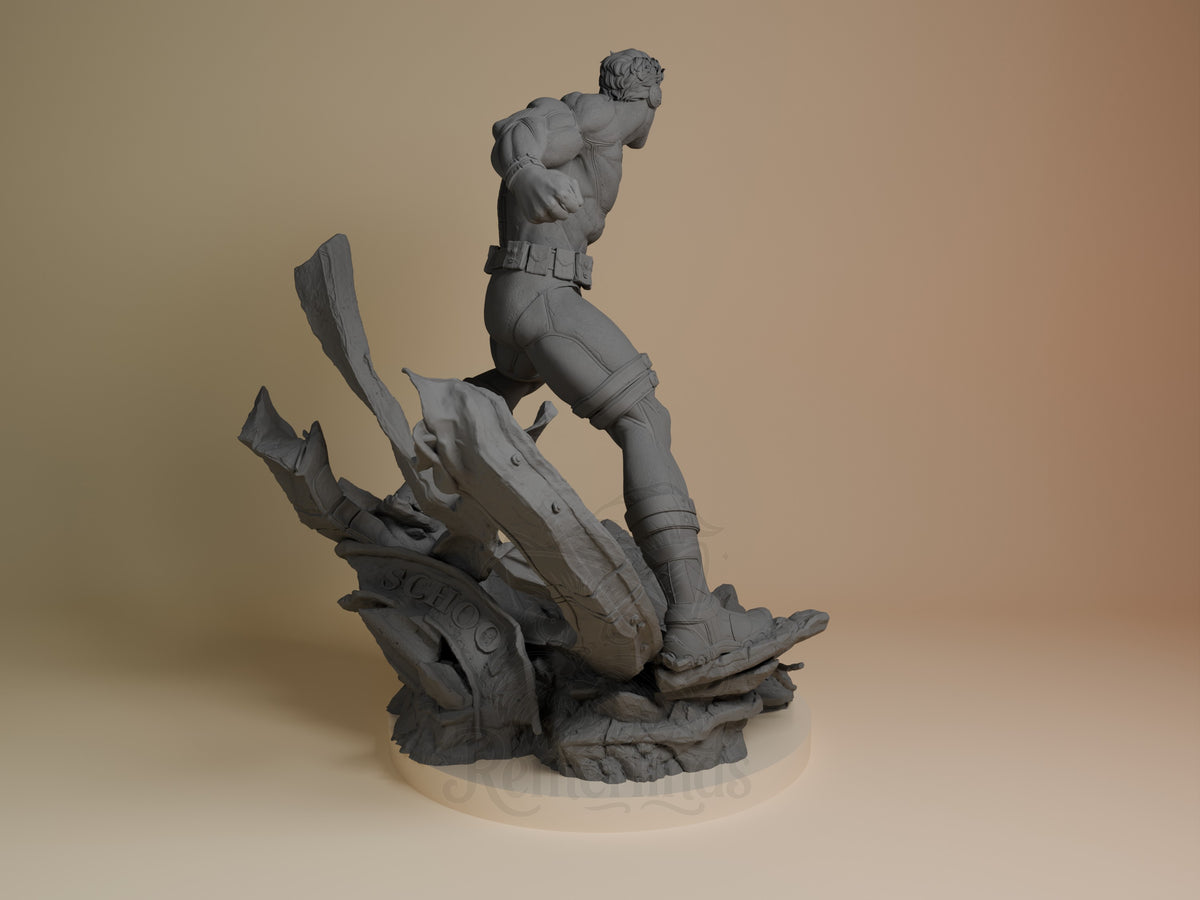 Visor Ranger resin figure from Mutant Heroes shown from back angle, unpainted gray resin, dynamic leaping pose over rocky base.