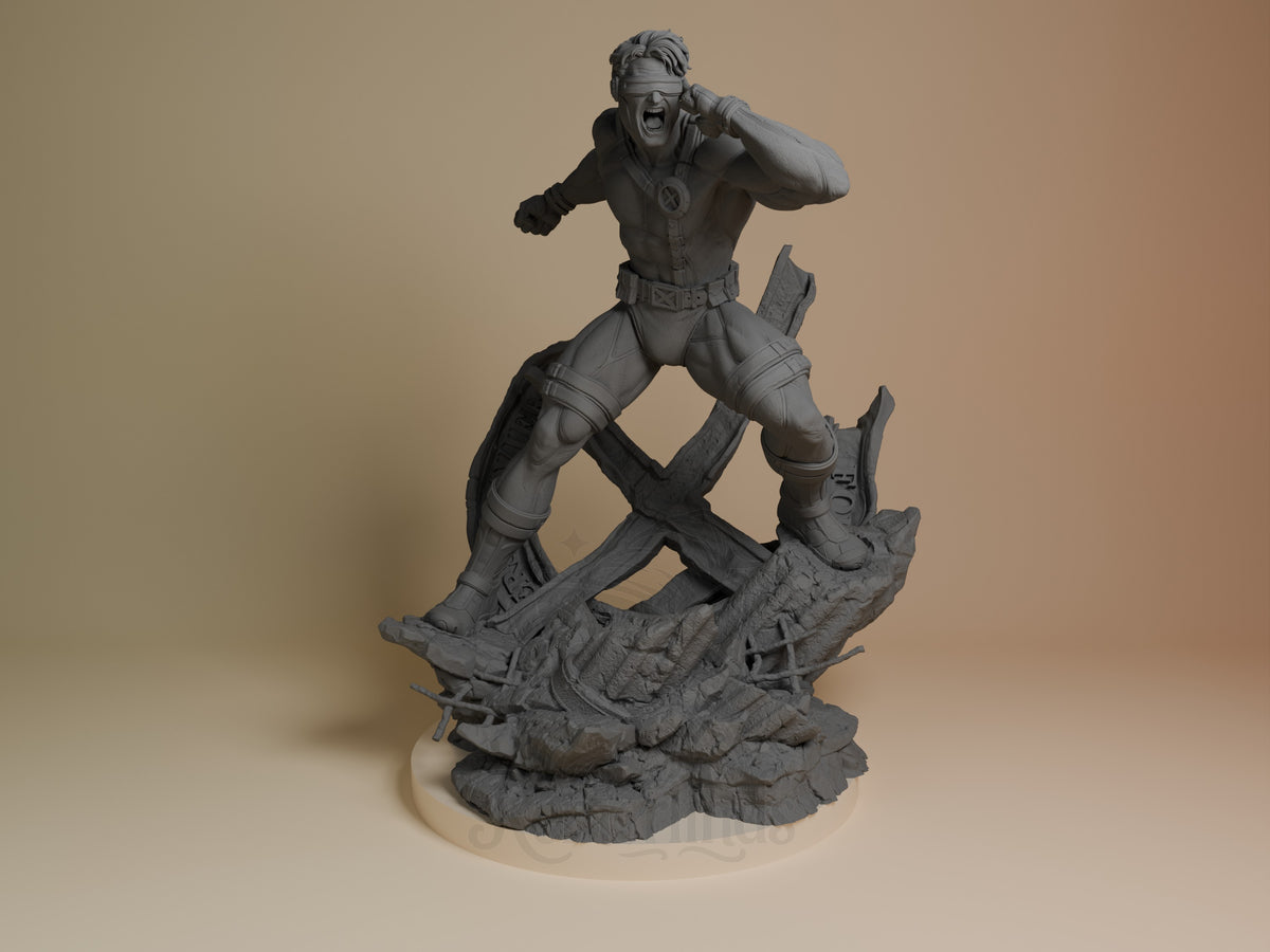 Visor Ranger resin figure from Mutant Heroes, unpainted, posed dynamically on rocky base with one leg raised and arm gestures, front view.