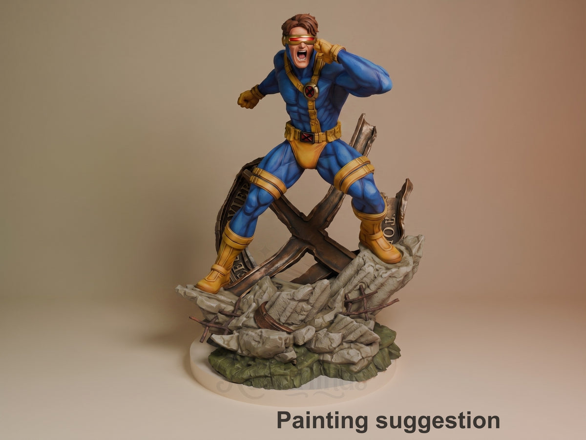 Visor Ranger resin figure in dynamic jumping pose on rocky base, blue and gold costume, brown hair, yellow sunglasses, painted example from Mutant Heroes.