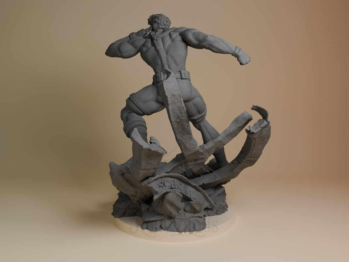 Visor Ranger resin figure from Mutant Heroes shown from left angle in dynamic leaping pose over rocky base, unpainted gray detail.