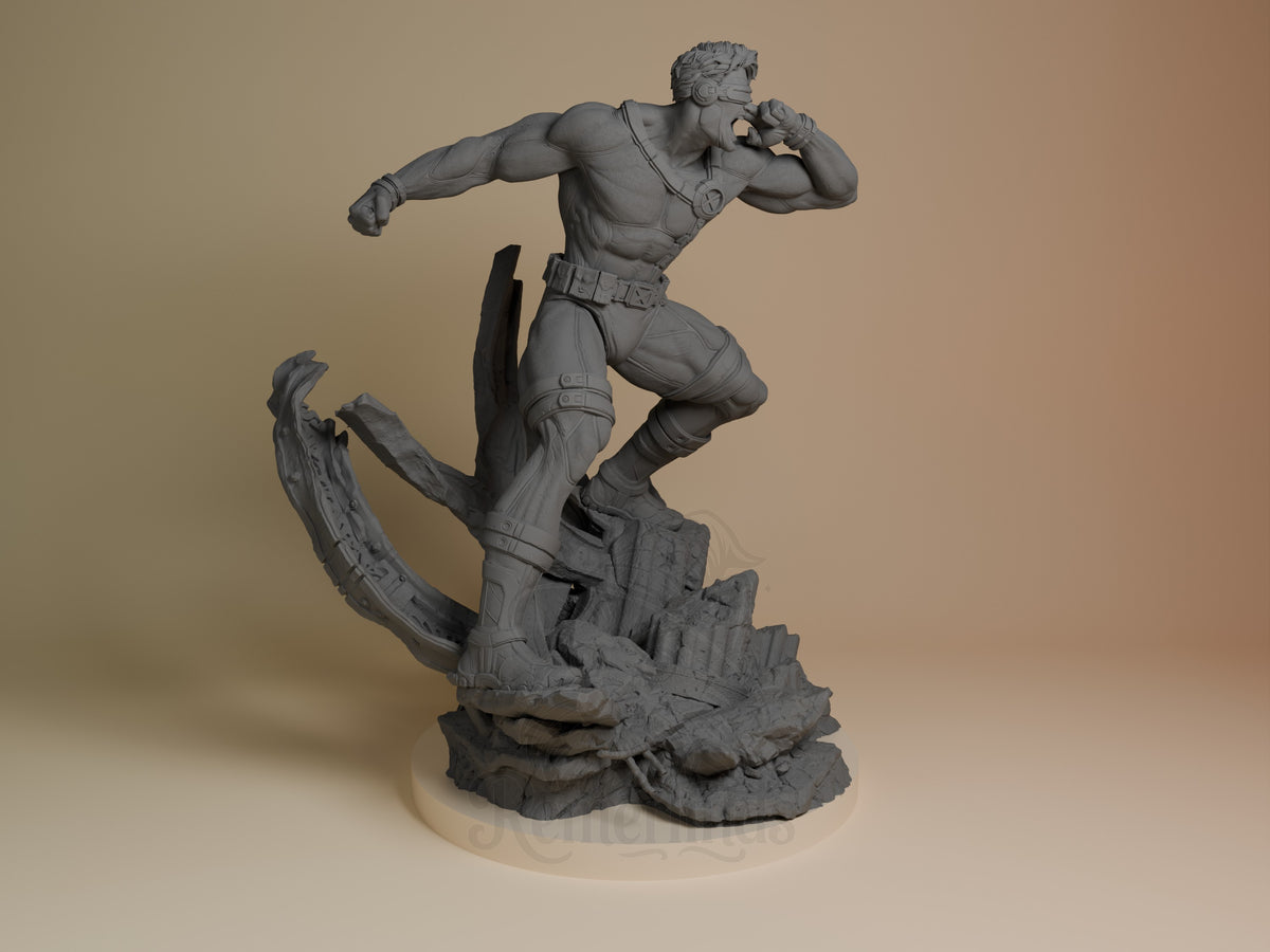 Visor Ranger resin figure in dynamic jumping pose over rocky base, unpainted gray, shown from right angle with detailed musculature and tactical gear visible.