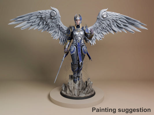 Dame Aylin resin figure from Baldur's Gate, painted in silver and blue armor with large feathered wings, holding a sword, standing on rocky base.