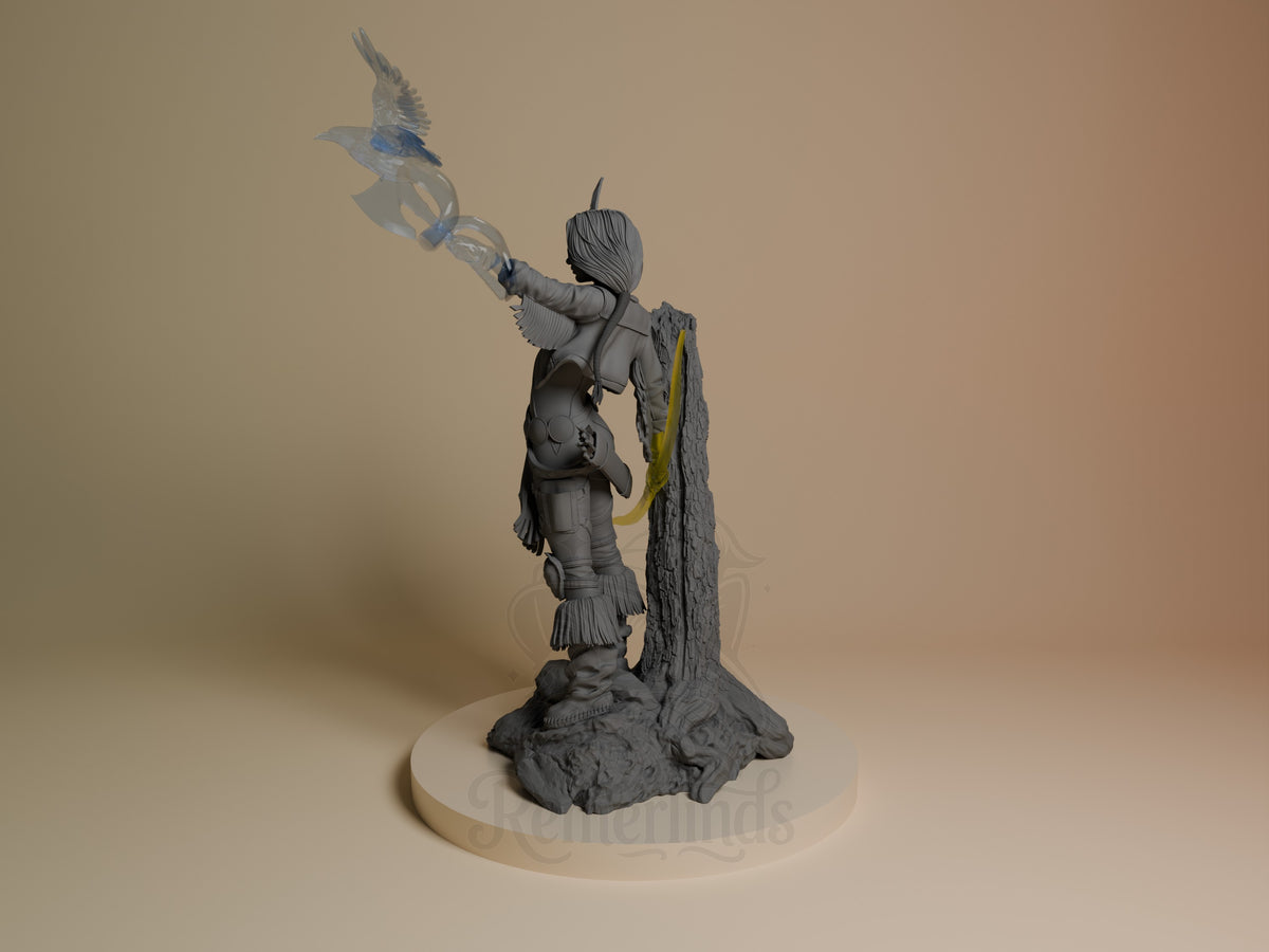 Spirit Arrow resin figure shown at angle, holding ornate weapon with blue bird, wearing armored outfit with feathered details on unpainted gray base.