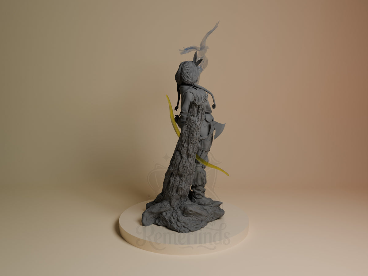 Spirit Arrow resin figure shown from back, displaying detailed armor sculpting, yellow accents, and flowing hair, mounted on cream base.