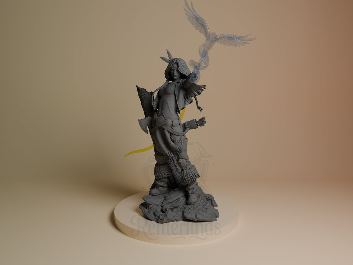 Spirit Arrow resin figure in dynamic pose with wings and bow, shown from front angle on cream base, unpainted gray with yellow accents.