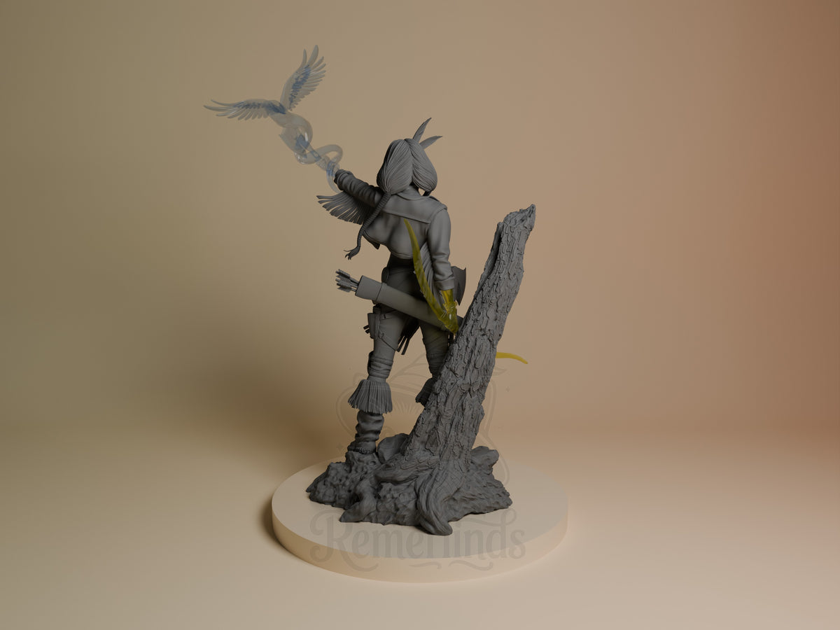 Spirit Arrow resin figure standing on textured base, holding staff with bird perched overhead, viewed from left angle with gold accent details.