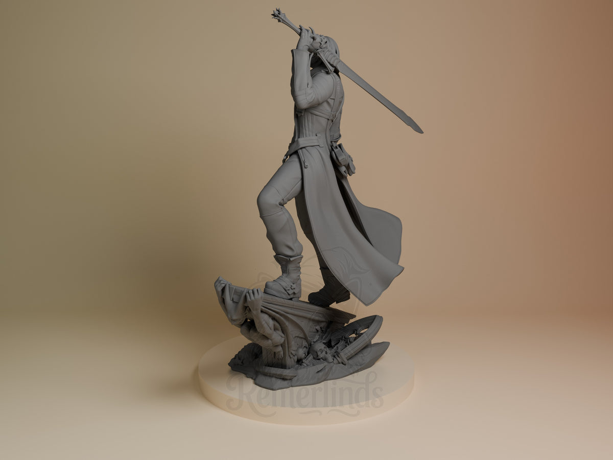 Dante resin figure from Devil May Cry in dynamic pose with sword raised, unpainted gray finish, detailed base, angled side view by Bulkamancer.