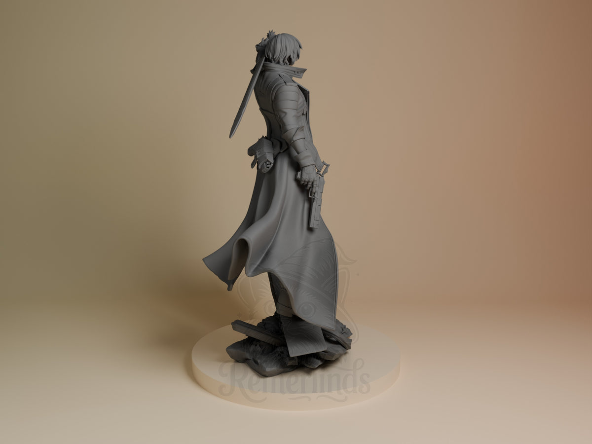 Dante resin figure from Devil May Cry shown from behind, wielding sword with flowing coat, unpainted gray finish on circular base.