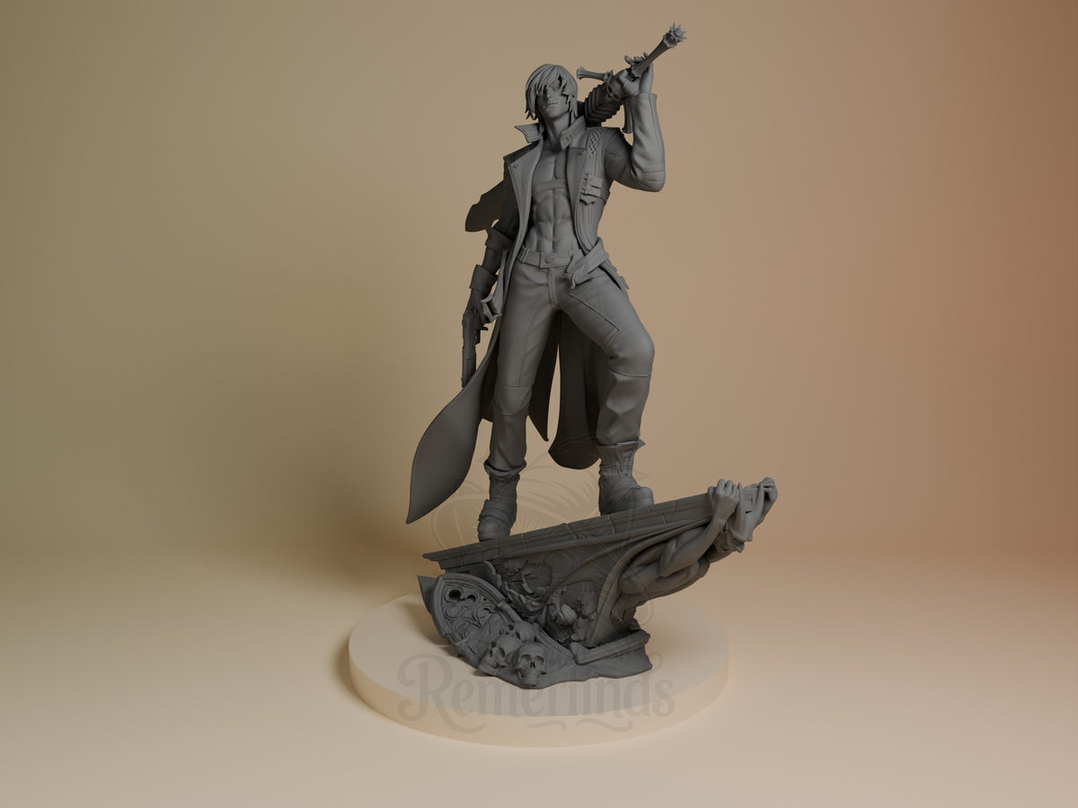 Dante from Devil May Cry resin figure in unpainted gray, posed dynamically on ornate base, holding sword aloft, front view.