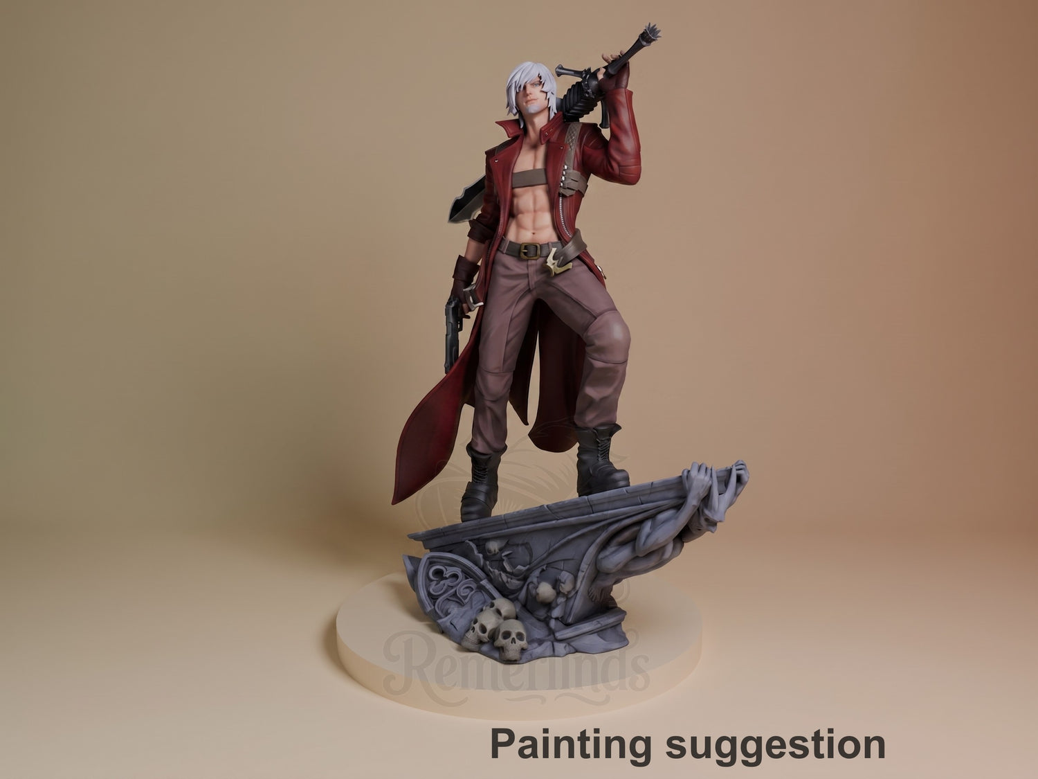 Dante resin figure in dynamic pose on ornate skull base, silver hair, red coat, holding sword overhead, fully painted with detailed base, shown as painting suggestion.
