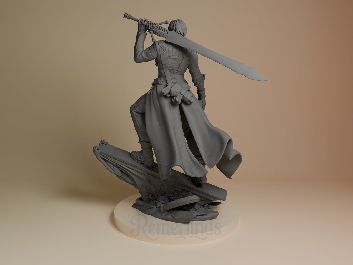 Dante resin figure from Devil May Cry in dynamic pose wielding large sword, unpainted gray resin, ornate base, left angle view.