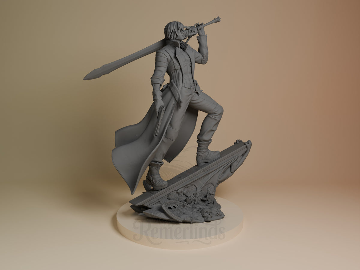 Dante from Devil May Cry resin figure in dynamic pose on ornate base, holding large sword overhead, flowing coat detail visible, unpainted gray finish, right-side angle view.