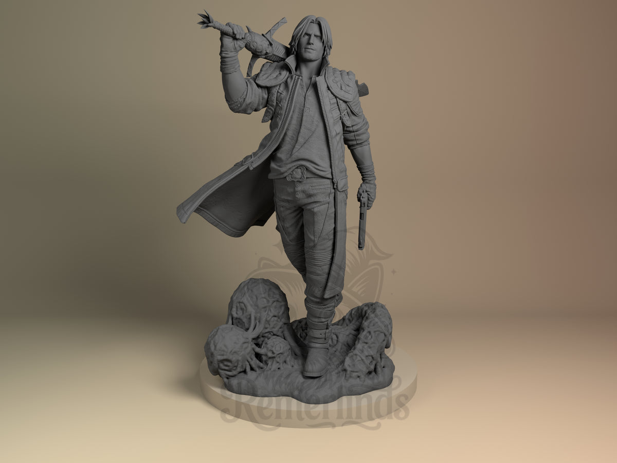 Dante Devil May Cry 3D printed resin figure by Nomnom, unpainted front view. The figure captures Dante in a confident standing pose, striding forward with a sword resting on his shoulder and a pistol in his other hand. He wears a long flowing coat with detailed textures, layered clothing, and rugged boots, while standing on a base adorned with intricate tentacle-like organic shapes. The overall composition conveys readiness and dynamic presence, characteristic of the Devil May Cry series hero.