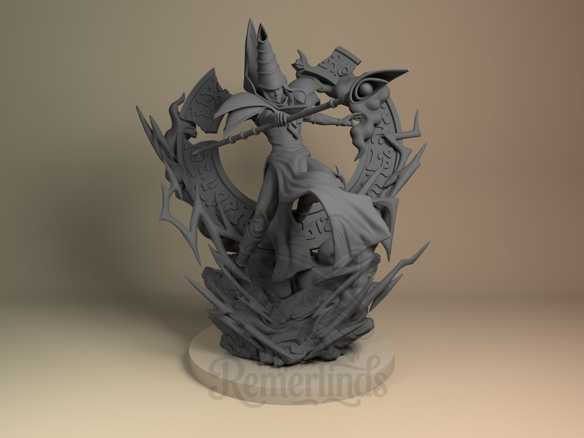 Front view of Shadow Magus from Card Duel Saga, an unpainted resin figure with staff and sculpted base.