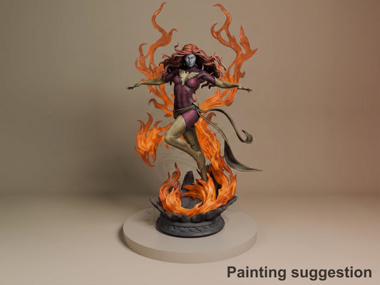 Shadow Phoenix resin figure in dynamic pose with flaming base, purple outfit, outstretched arms, painted details on neutral base.