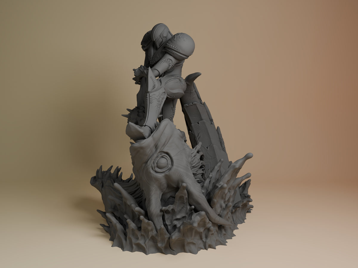 Angled view of the unpainted Abyss Wraith from Galaxy Hunter Saga resin figure on a sculpted creature base.
