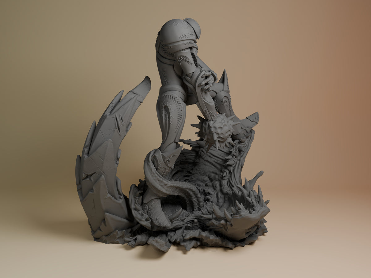 Unpainted Abyss Wraith resin figure from Galaxy Hunter Saga crouches on a sculpted base.