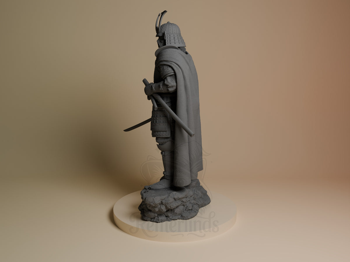 Void Ronin resin figure from Galactic Shadow Saga shown at side angle, unpainted gray, holding sword with flowing cape and horned helmet on rocky base.