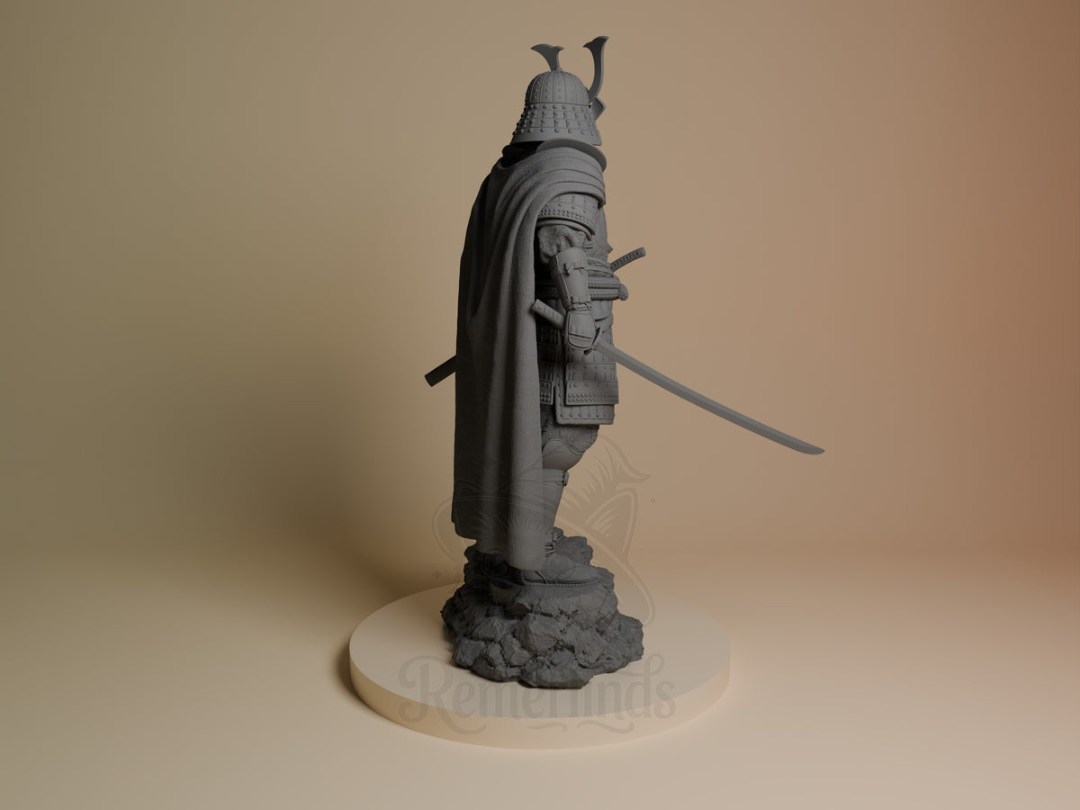 Void Ronin resin figure from Galactic Shadow Saga shown from back angle, wielding sword, wearing cape and ornate armor with spiked helmet, on rocky base.