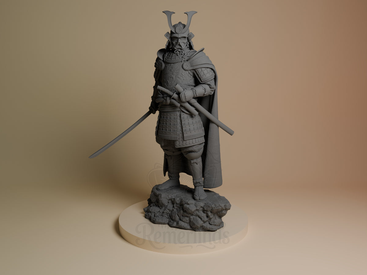 Void Ronin resin figure from Galactic Shadow Saga shown from front, standing on rocky base with sword and staff, detailed armor and helmet with horns.