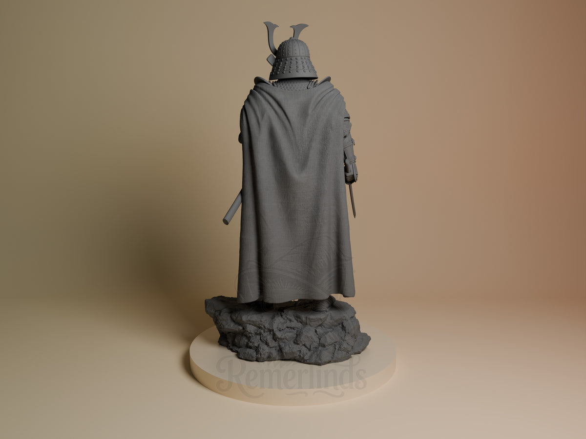 Void Ronin resin figure from Galactic Shadow Saga shown from behind, wearing flowing cloak and horned helmet, standing on textured base.