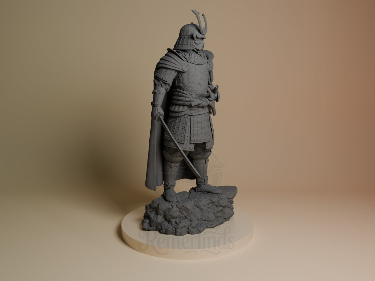 Void Ronin resin figure from Galactic Shadow Saga, shown from the right side in grey primer, standing on rocky base with sword and flowing cape.