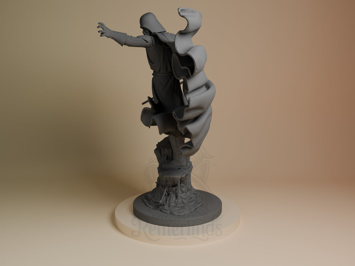 Dark Lord Mask resin figure in dynamic pose on textured base, showing gray and black painted details from angled view.