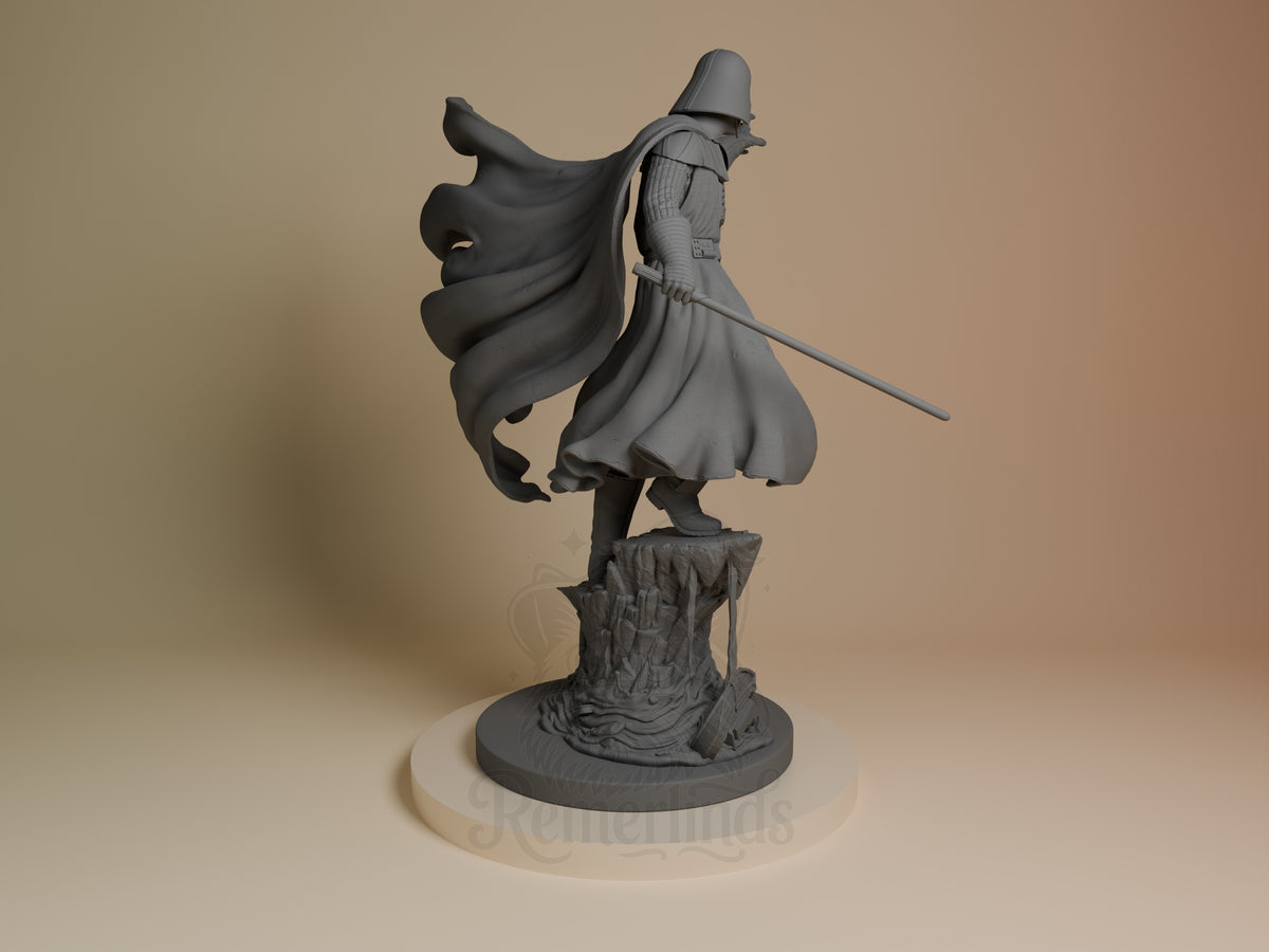 Dark Lord Mask resin figure from Galaxy Wars shown from back, standing on textured base, cape flowing, unpainted gray detail visible.