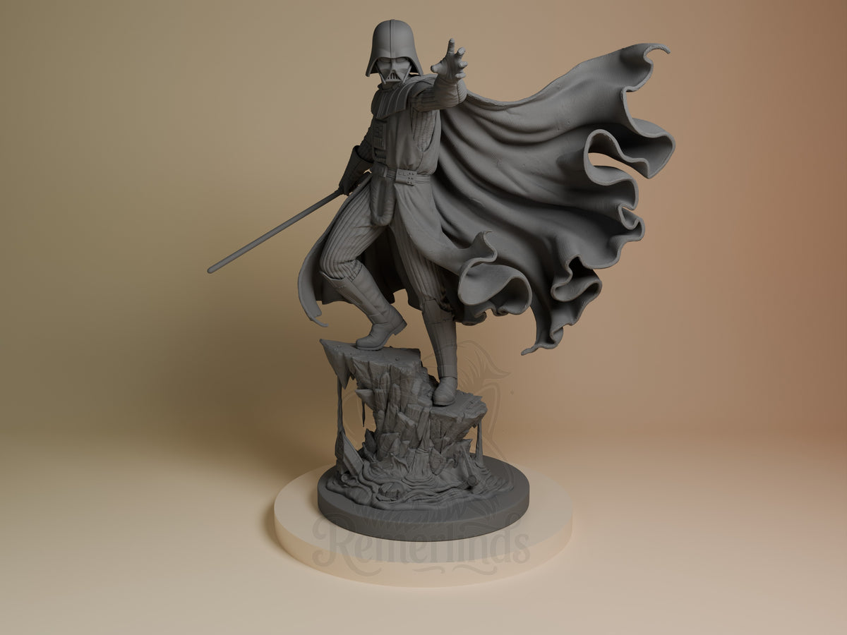 Dark Lord resin figure in heroic pose on rocky base, cape flowing, holding lightsaber, unpainted gray finish, front view.