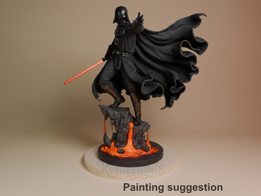 Dark Lord resin figure in dynamic pose on lava base, black armor and cape with illuminated lightsaber, painting suggestion reference.