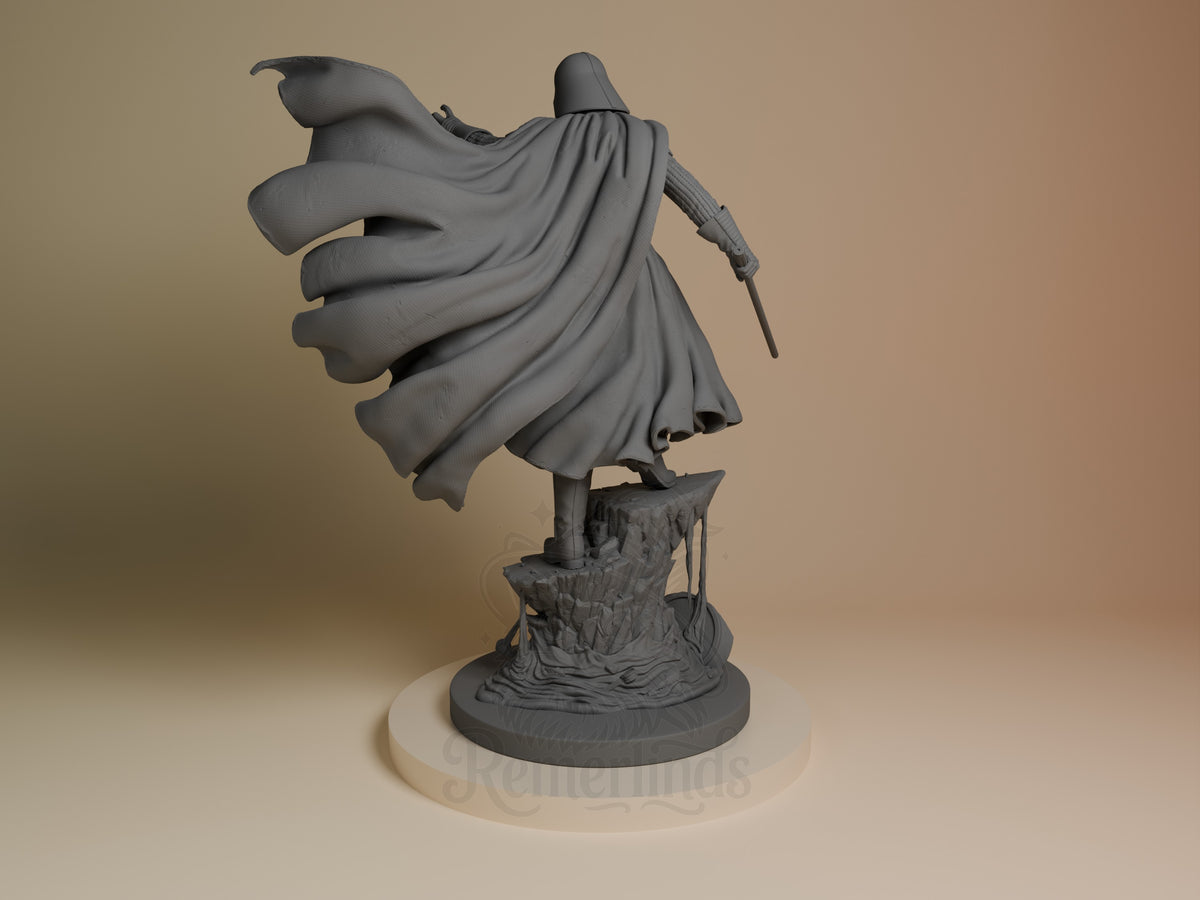 Dark Lord Mask resin figure from Galaxy Wars shown from left angle, flowing cape billowing, standing on textured rocky base, unpainted gray finish.