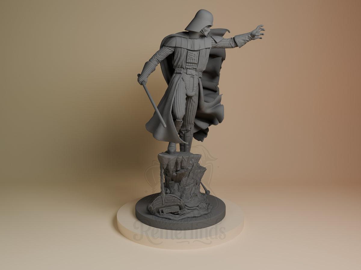 Dark Lord Mask resin figure in dynamic pose with cape flowing, arm extended, holding staff, standing on textured base, unpainted gray finish, right angle view.
