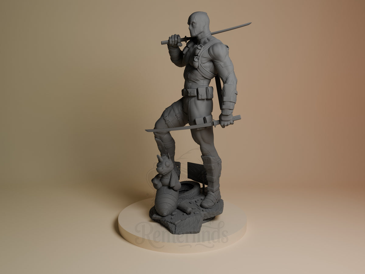 Deadpool resin figure from Antihero Chronicles in dynamic fighting pose with dual katanas, unpainted gray detail on cream base, angled side view.