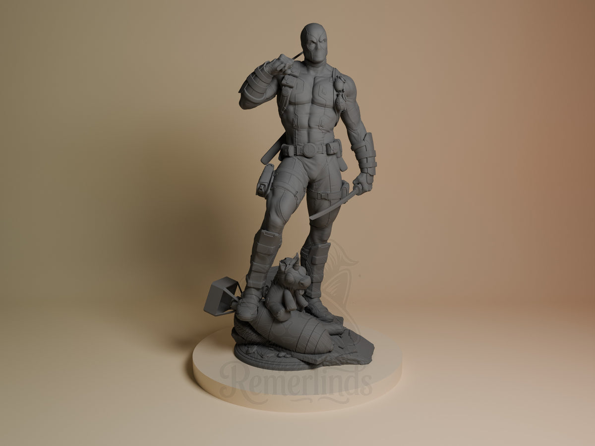 Deadpool resin figure from Antihero Chronicles in unpainted gray, standing on a rocky base with one leg forward, detailed tactical suit visible from front angle.
