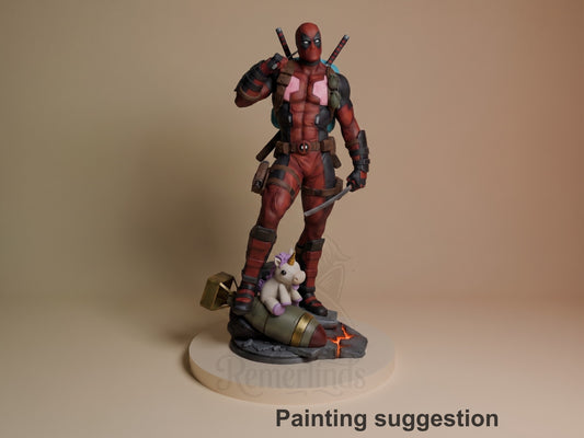 Painted Deadpool from Antihero Chronicles resin figure stands three-quarter view on a sculpted missile base.