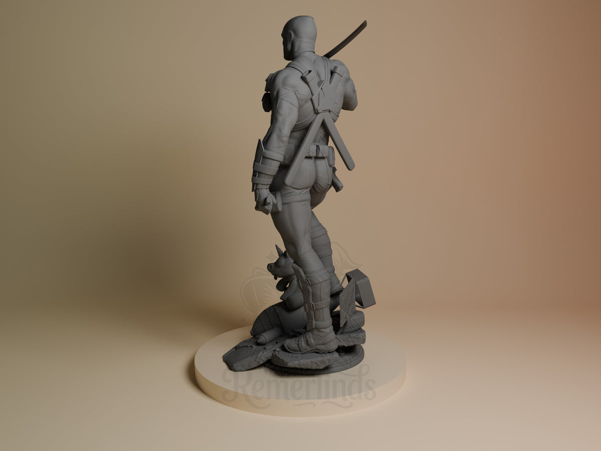 Deadpool resin figure from Antihero Chronicles shown from rear left angle, unpainted gray, posed with katana on back, standing on rocky base.