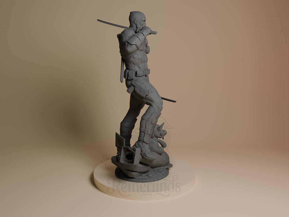 Deadpool resin figure from Antihero Chronicles, unpainted gray, shown from right side in dynamic lunging pose with katanas, on textured base.