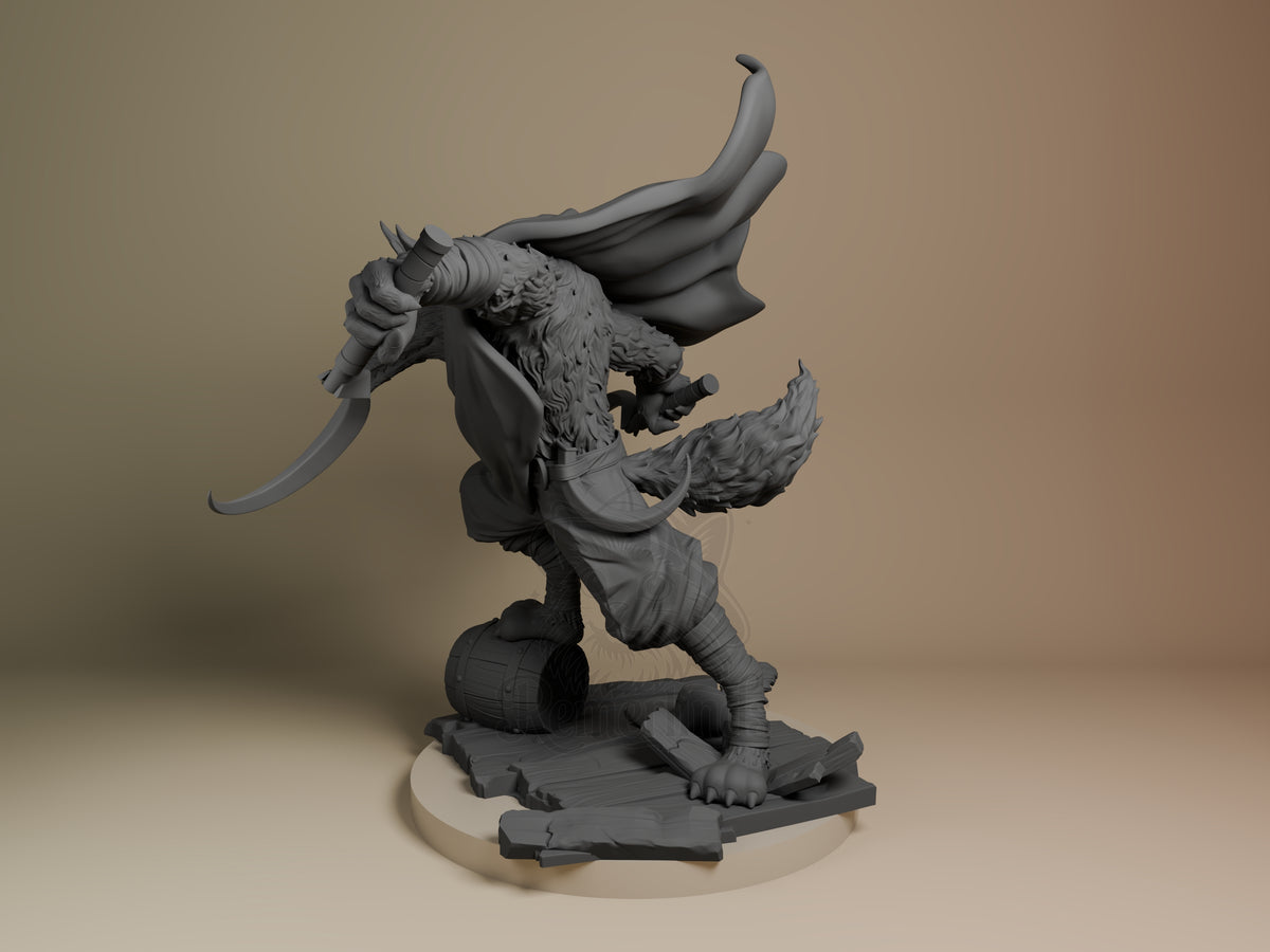 Whistling Wolf Feline Hero 3D printed resin figure by Nomnom, angled view showing dimensional details.