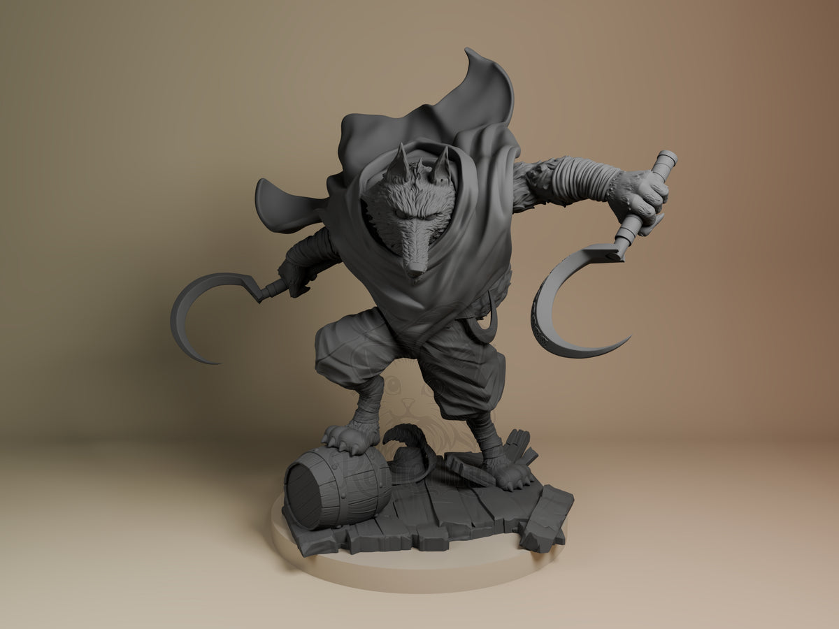 Whistling Wolf Feline Hero 3D printed resin figure by Nomnom, unpainted front view. This 3D resin miniature depicts a wolf character named Whistling Wolf from the Feline Hero series by Nomnom. The figure is captured in a poised and ready-for-action crouching stance, gripping a sickle blade in each hand. The detailed textures on the fur, clothing folds, wrapped bandages, and the rugged wooden base with a barrel enhance the dynamic and adventurous feel of the composition.