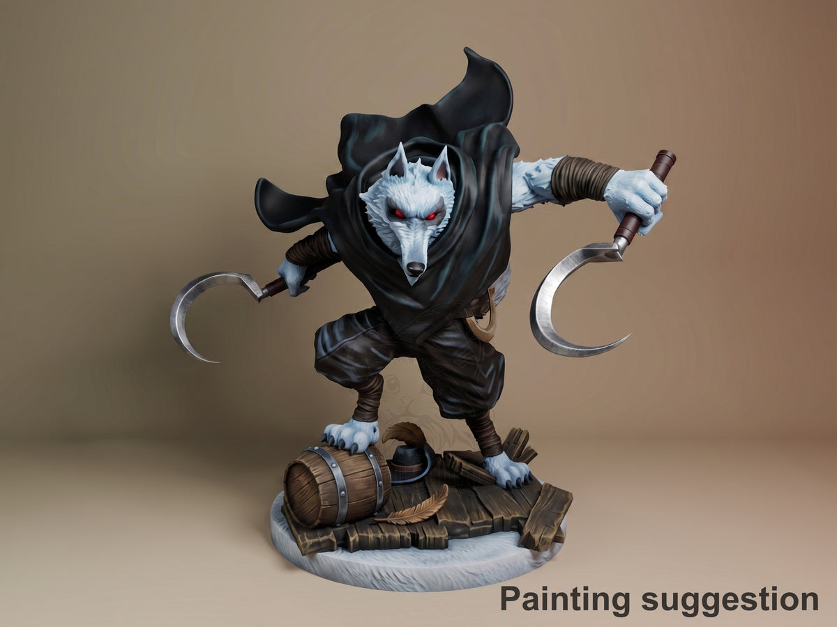 Whistling Wolf Feline Hero 3D printed resin figure by Nomnom, colored view.