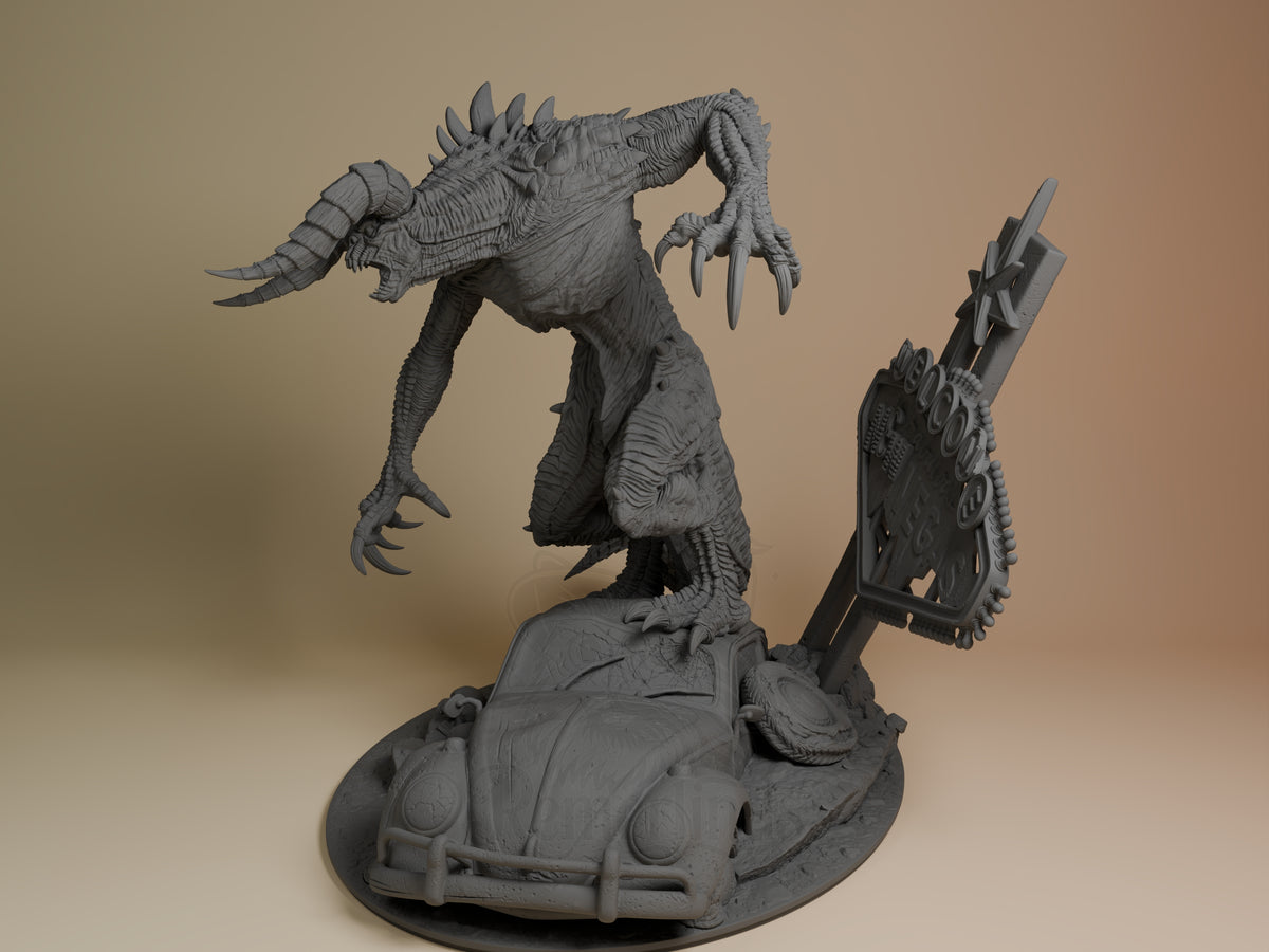 Deathclaw from Fallout is an unpainted resin figure shown at an angle on a car base.
