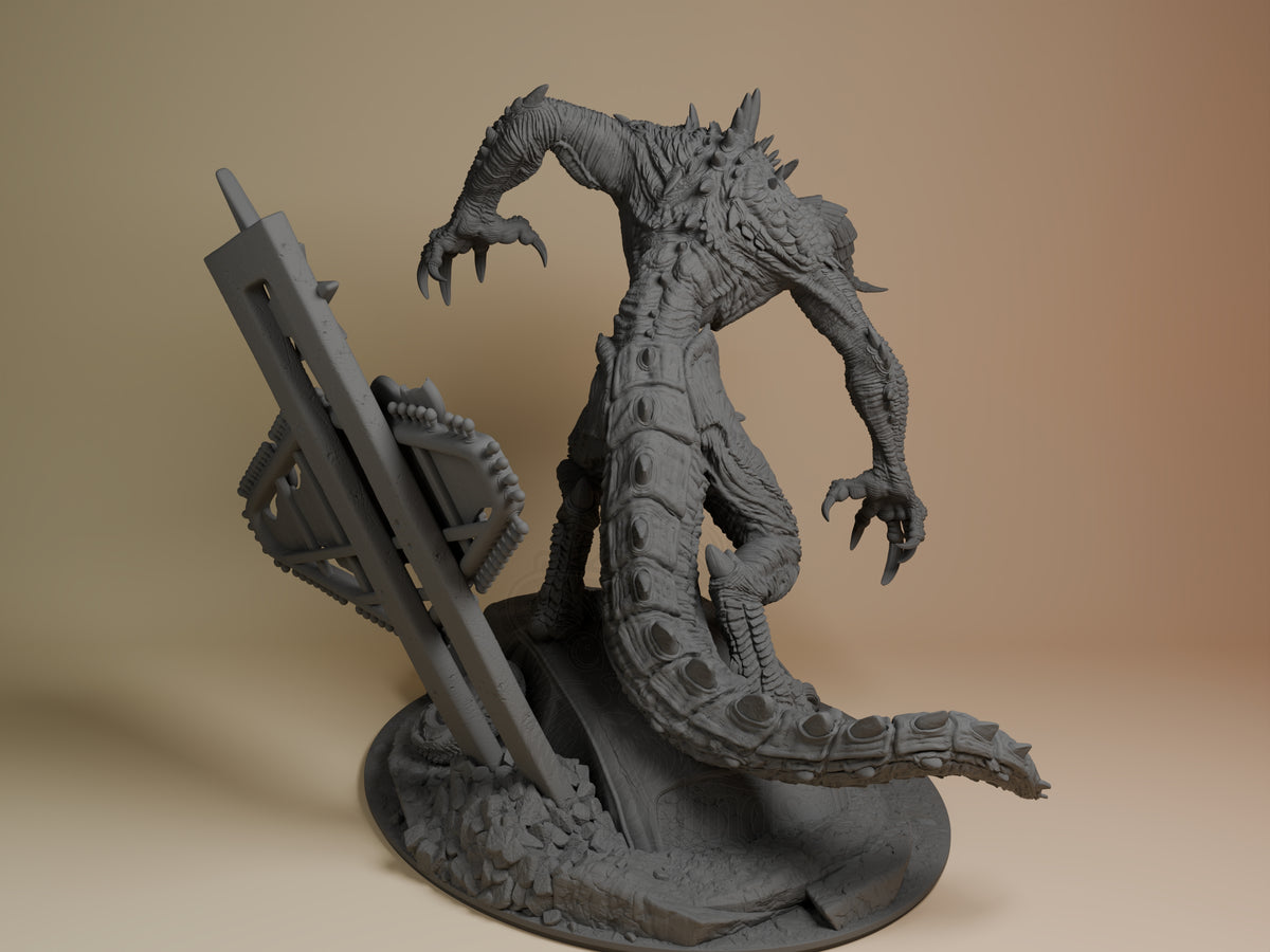 Rear view of unpainted Deathclaw from Fallout resin figure, with claws, tail, and rocky base.