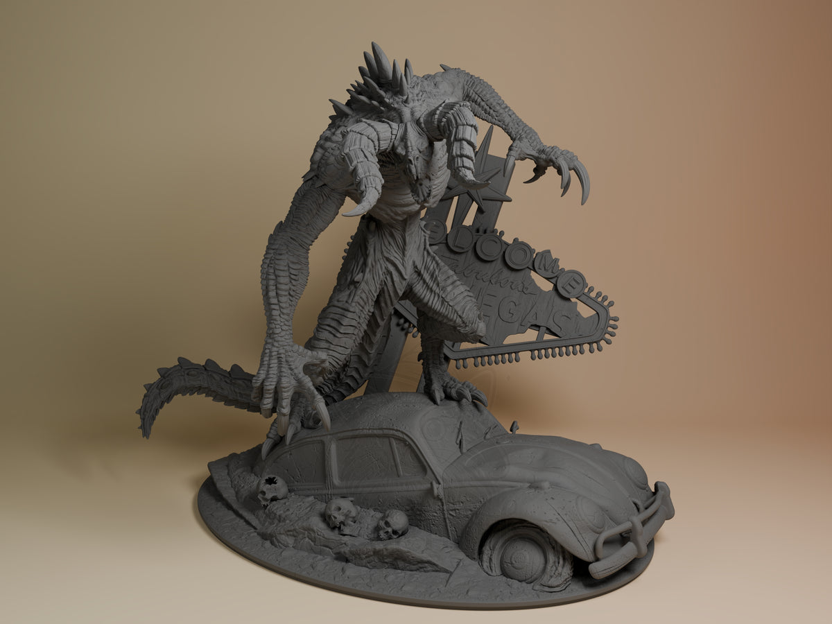 A front-angle unpainted Deathclaw from Fallout resin figure shows raised claws over a car base.