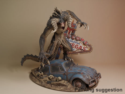 Painted Deathclaw resin figure standing on destroyed car with "Welcome to Fabulous Vegas" sign, skulls on base, front three-quarter view.